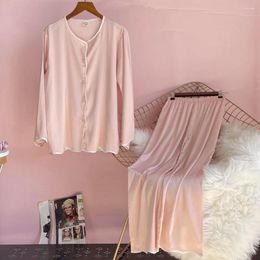 Women's Sleepwear Fdfklak Pyjamas Set Women Stain Spring Autumn Ice Silk 2 Pieces Pink/White Solid Colour Long-Sleeved Homewear