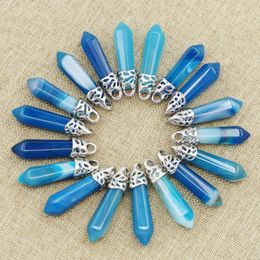 Pendant Necklaces Natural Stone Pillar Hexagonal Lake Blue Agate Necklace Charm Mineral Healing Fashion DIY Jewelry Making Wholesale 20Pcs