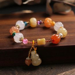 Strand Natural Golden Silk Stone Couple's Bracelet With Ethnic Lucky Gourd And Bamboo Beads Jade Wristband Perfect Gift For Lovers