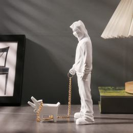 Decorative Objects Figurines Banksy Boy Walk Dog Statue Puppy Figure Sculpture Home Decoration Living Room Bedroom Bookcase Desktop accessories 231121