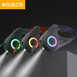 Dog Collars Leashes ROJECO 5M Retractable Dog Leash Automatic LED Light Luminous Roulette Leash Rope For Dogs Adjustable Pets Dog Walk Running Leads 231120