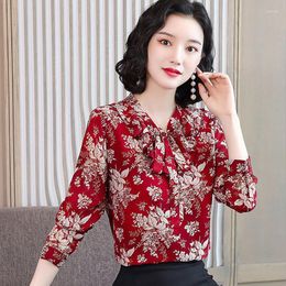 Women's Blouses Women Spring Summer Style Chiffon Shirts Lady Casual Long Sleeve Bow Tie Collar Printed Blusas Tops DF3805