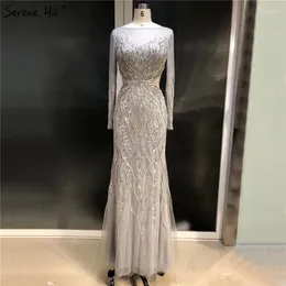 Party Dresses Luxury Grey Long Sleeves Evening 2023 O-Neck Sequins Sparkle Mermaid Formal Dress Serene Hill LA6418