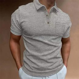 Men's Polos Fashion Solid Waffed Polo Shirts Men Casual Slim Short Sleeve Turn-down Collar Pullovers Mens Clothes Spring Summer Button Polos 230421