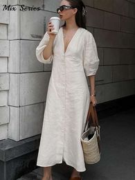 Elegant Beige Linen Puff Sleeve Dress Women Summer V neck Long Backless Button Dresses Ladies Casual Loose Solid Clothing