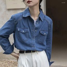 Women's Blouses Blue Denim Shirt For Women 2023 Spring Autumn Single-breasted Jeans Female Pockets Loose Fashion Lapel Cowboy Blusas