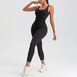 Active Sets Women Yoga Jumpsuit Solid Colour Fitness Suit Threaded Pants Backless Sexy Clothes Outfit Clothing Sportswear Gym Set
