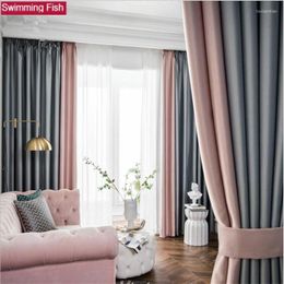 Curtain Thickened Silk Cotton Fabric Simple Modern Stitching Two-color Finished Curtains Romantic Pink Grey/Blue 1 Panel