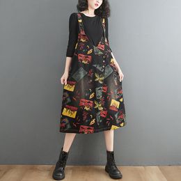 Casual Dresses #2153 Black Blue Denim Dress Women Flower Printed Jeans Female Buttons Loose Vintage A-line Suspender Ladies Midi