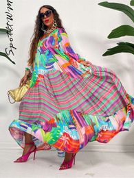 Women Colorful Printed Maxi Dress Casual V neck Long Sleeve High Waist Big Hem Vestidos Summer Fashion Loose Beach Robe