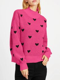 Women's Two Piece Pants Frenchy Heart Pattern Mock Neck Drop Shoulder Sweater Winter Sweet Retro O neck Knitted Pullover Tops 2023 Autumn 231121