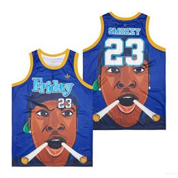 Movie Friday 23 Smokey Basketball Jerseys Man Retro Pullover Breathable High School College HipHop Pure Cotton Sport Shirt Team Blue Color Stitched Retire Uniform