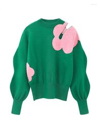 Women's Sweaters YYJOFashion Autumn Spring Pink Flower Hollow Out Knit Pullover For Women Casual Sweet Patchwork Straight Knitted Ladies