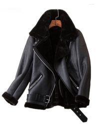 Women's Leather Luxurious Winter Coats Women Thickness Faux Sheepskin Female Long-sleeved Lapel Padded Warm Black Zip Chic Jacket Tops