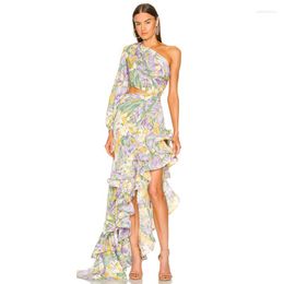 Casual Dresses Hollow Waist One Shoulder Sleeve Diagonal Neck Dress Multicolor Flower Fashion Beveled Floor Prom Festive Event