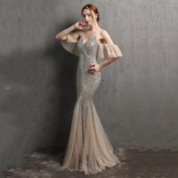 Party Dresses Sequined Formal Evening Ruffles Short Sleeve Floor-Length Mermaid Prom Dress Spaghetti Strap V-Neck Backless Gowns