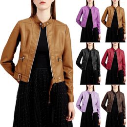 Women's Jackets Leather Short Small Coat Solid Color Stand Collar Jacket Fall Hiking For Women Slim Cut