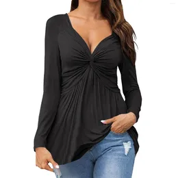 Women's Blouses Women Long Sleeve Tunic Blouse Twist V-Neck Solid Colour Female Top Casual Autumn Winter Loose Shirt