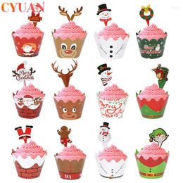 Party Supplies 12pcs/set Christmas Cupcake Wrapper Santa Claus Deer Paper Cake Topper Xmas Year Decorations Packaging