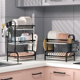 Kitchen Storage 3 Layers Dish Rack Drain Chopping Board Spoon Hang Tableware Cupboard