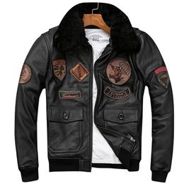 Mens Leather Faux Detachable Natural Fur Collar Genuine Cowhide Men Jacket Patches Flight Air Force Pilot Coat Winter Bomber 231120