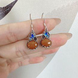 Dangle Earrings 925 Sterling Silver Enamel Gourd Shape Small Women Retro Ethnic Style Butterfly Flower Amber Jewellery EH236