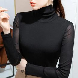 Women's Blouses Women Long Sleeve Blouse Slim Fit T-shirt Stylish High-collar Padded Mesh Bottom For Stretchy Solid Colour