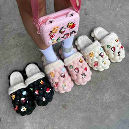 Sandals Women Winter Warm Cotton Bubble Slides with Christmas Charms Girl's Luxury Designer Bag Massage Slippers Hot 230417