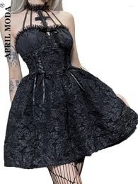 Casual Dresses 2023 Vintage Halter Black Gothic Emo Party Halloween Costume Mini Cosplay One Piece Grunge Lace Y2K Kawaii Lolita Dress