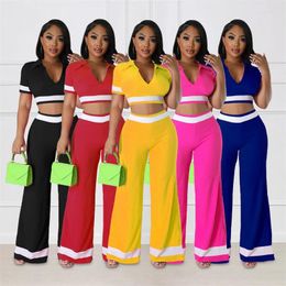 Women's Two Piece Pants Ladies Striped Short-Sleeved V-Neck Short T-Shirt With Same Slim Flared Spring And Summer Urban Fashion Commuter Set