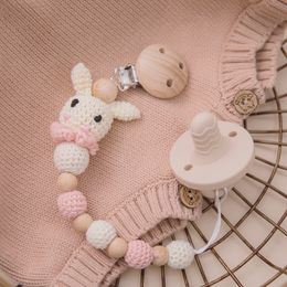 Baby Teethers Toys 1pc Bunny Pacifier Chain Clip Wood Crochet Rabbit Teething Teether Soother Holder born Product 230421