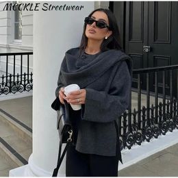 Women's Wool Blends Scarf Neck Woolen Jacket Women Elegant Long Sleeve Gray Female Coat 2023 Autumn Street Single Breasted Loose Lady Outerwear 231120