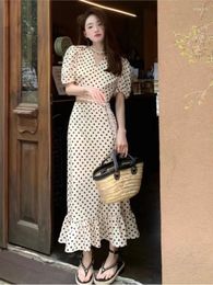 Work Dresses Summer Chic Sweet Polka Dot Print Skirts Sets V-neck Puff Sleeve Belt Crop Tops Slim Package Hip Trumpet Women Suits