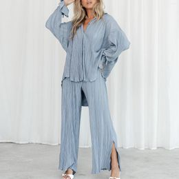 Women's Two Piece Pants Women Pleated 2 Sets Long Sleeve Blouse Tops And Split Wide Leg Pant Suit 2023 Female Fashion Casual Loose Homewear