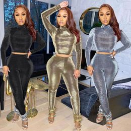 Women's Two Piece Pants Woman Long Sleeve Turtleneck Crop Top And Pencil Fitness Sporty Wear Set Outfits Velvet Tracksuit