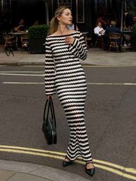 Striped Knitted Women Autumn Winter Casual High Stretch Long Sleeve Slit Dress Elegant Slim Party Vestido