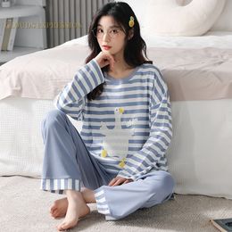 Women's Sleepwear Fake 1 For 3 Spring Combed Cotton Embroidery Duck Pyjama Sets Women Pyjamas Striped Sleepwear Loungewear Pijama Mujer Nightwear 230421