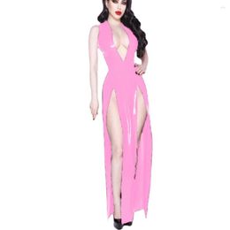 Casual Dresses Summer Women High Split Long Dress PVC Leather Halter Sleeveless Deep V-neck Slim Bare Chest Barelegged Maxi Club S-7XL