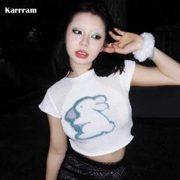 Women's T-Shirt Karrram Y2k Aesthetics Knit Tops Grunge Fairycore Crop Embroidery Hollow Out T-shirt Kawaii Harajuku Tshirts Japanese 00s 230421