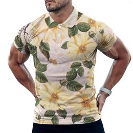 Men's Polos Yellow Flower Print Casual T-Shirts Green Leaf Polo Shirts Male Trendy Shirt Daily Short Sleeve Graphic Tops Big Size 5XL 6XL