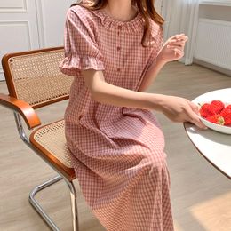 Women's Sleepwear Plaid Print Red Summer Sleepwear Women O-Neck Short Sleeve Cotton Nightgown Casual Kawaii Vintage Homewear Nightwear 230421