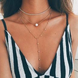 Choker 3Pcs/Set Simple Pearl Multilayer Rhinestone Clloar Chain Tassel Beads Necklace Jewellery Gift For Women Girls #238379 Chokers