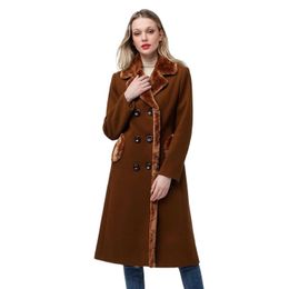 Womens Coat Winter Jacket Double-breasted Flat Barge Collar Mid-length Wool Blend Pea Coat Jacket 5RU3J