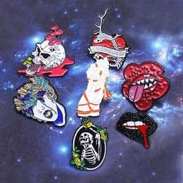 Pins Brooches Death Skeleton Skull Heart Butterfly Girl Brooches Binding art Hand ghost Sexy Red Black Lips Badge Enamel Pin Jewelry Gift Z0421