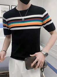 Men's T Shirts Fashion Knitted Striped T-Shirt Men O-Neck Short Sleeve Pullover Top Business Casual Slim Fit Spring Summer Mens Tees Tops