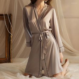 Women's Sleepwear Female Ice Silk Cardigan Bathrobe Long Sleeves Robe V Neck Kimono Sleep Dress Solid Colour Women Home Clothes Loose