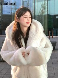 Women's Fur Faux Fur Lautaro Autumn Winter Thick Warm White Soft Faux Rex Rabbit Fur Coat Women with Hood Zipper Loose Sweet Cute Fluffy Jacket 2023L231121