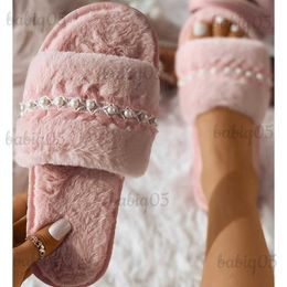 Slippers 2022 Winter New House Women Fluffy Slippers Faux Pearl Lace Edge Sexy Ladies Slippers Non-Slip Bedroom Girls Plush Shoes T231121