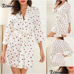 Women'S Sleepwear Woman Robes 2021 Summer Lingerie Women Silk Heart Print Satin Belted Robe Bathrobe Fashion Womens Drop Delivery Ap Dhlec