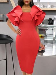 Casual Dresses Big Size Women Red Bodycon Ruffles Stylish Party Event Midi Dress Elegant Slim African Date Out Celebrate Occasion RobeCasual